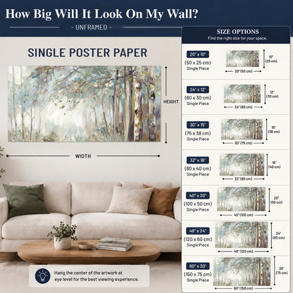 Slender woodland trunks and delicate branches in soft green and cream single poster print size guide above a sofa; room view is illustrative