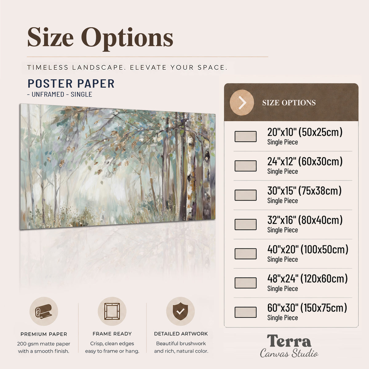 Slender woodland trunks and delicate branches in soft green and cream single poster print available dimensions