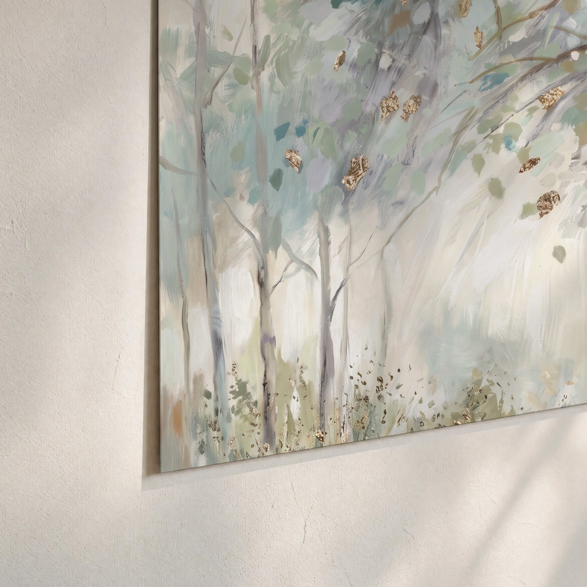 Slender woodland trunks and delicate branches in soft green and cream set of 3 poster prints material and edge close up