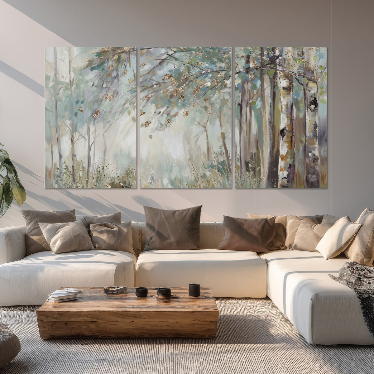 Slender woodland trunks and delicate branches in soft green and cream set of 3 poster prints displayed in a living room