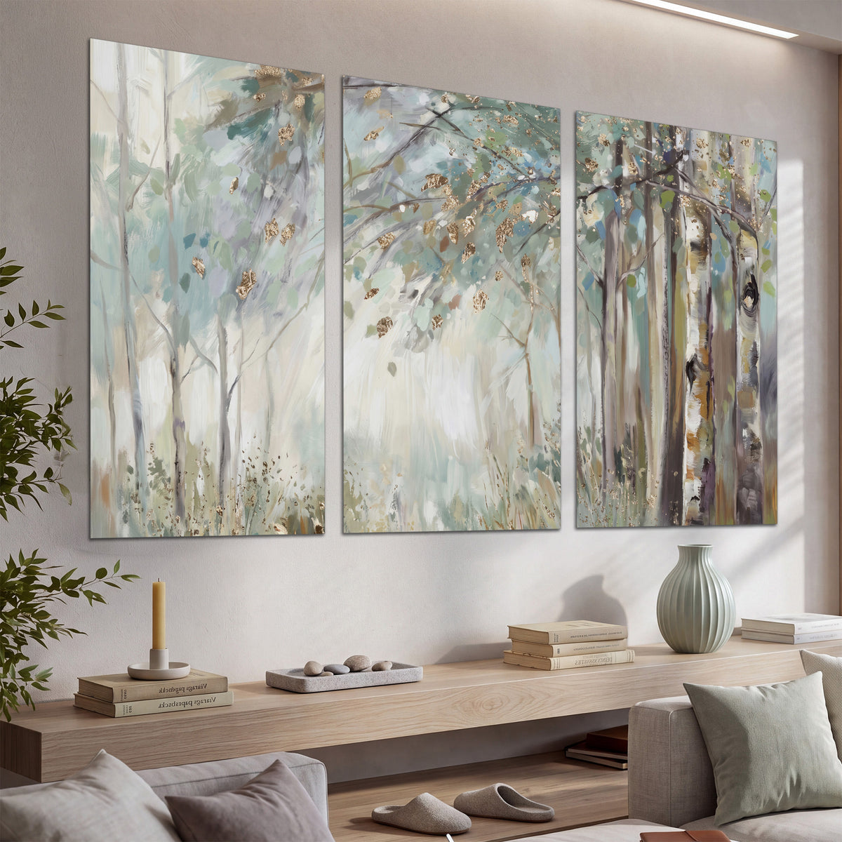 Slender woodland trunks and delicate branches in soft green and cream set of 3 poster prints displayed in a console