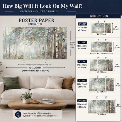 Slender woodland trunks and delicate branches in soft green and cream set of 3 poster prints size guide above a sofa; room view is illustrative
