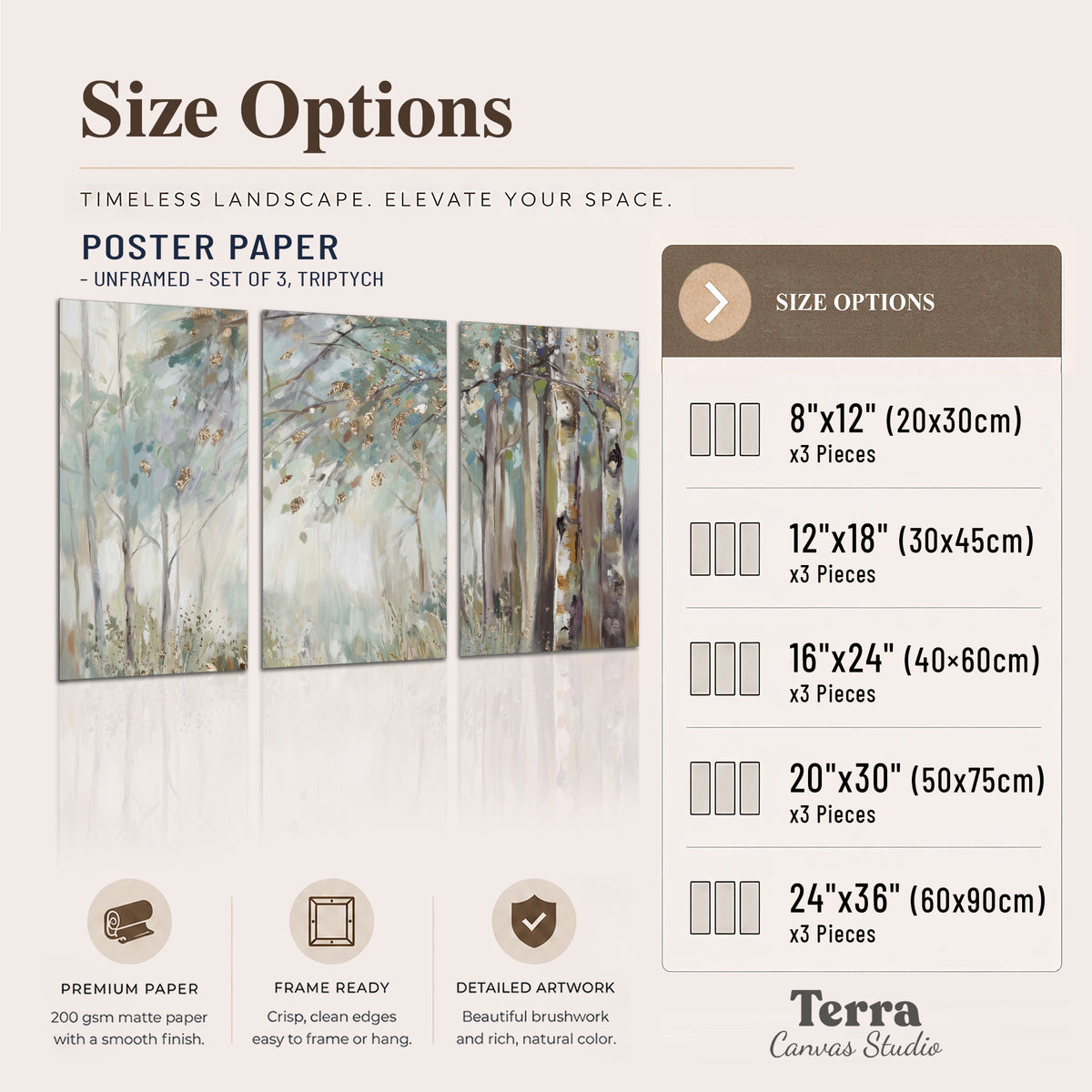 Slender woodland trunks and delicate branches in soft green and cream set of 3 poster prints available dimensions; triptych dimensions are per panel
