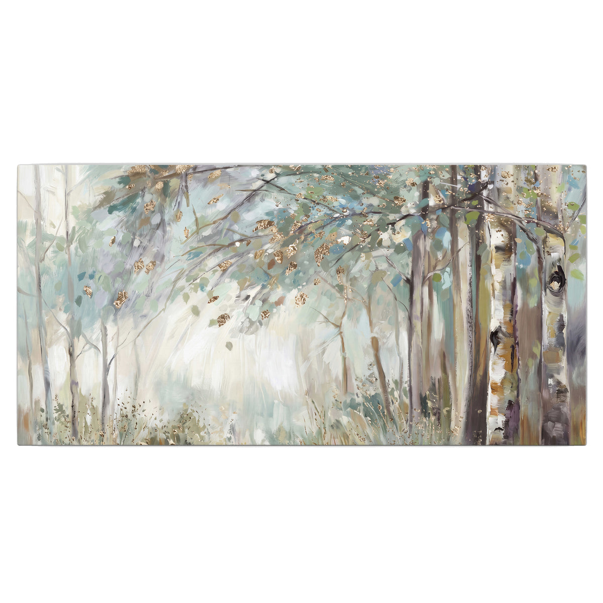 Slender woodland trunks and delicate branches in soft green and cream single canvas wall art viewed straight on