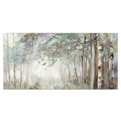 Slender woodland trunks and delicate branches in soft green and cream single canvas wall art viewed straight on