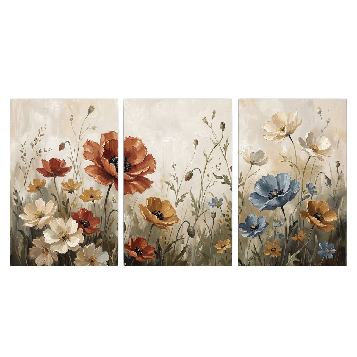 Rust red, pale blue and ivory flowers with delicate meadow stems 3 piece canvas wall art viewed straight on