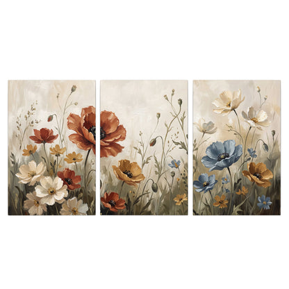 Rust red, pale blue and ivory flowers with delicate meadow stems 3 piece canvas wall art viewed straight on