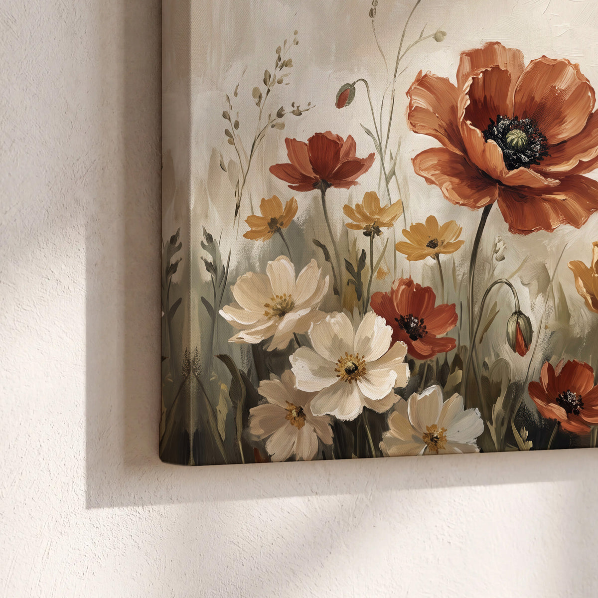 Rust red, pale blue and ivory flowers with delicate meadow stems 3 piece canvas wall art material and edge close up
