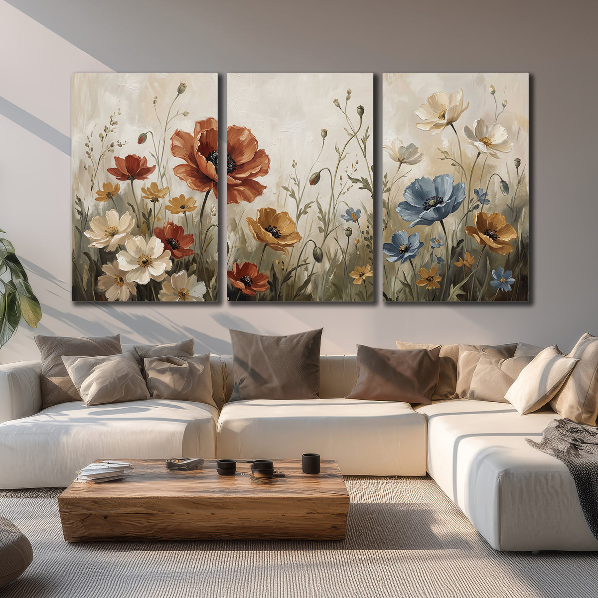 Rust red, pale blue and ivory flowers with delicate meadow stems 3 piece canvas wall art displayed in a living room