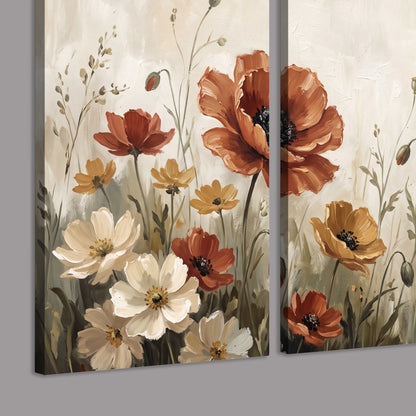 Rust red, pale blue and ivory flowers with delicate meadow stems 3 piece canvas wall art room and product view