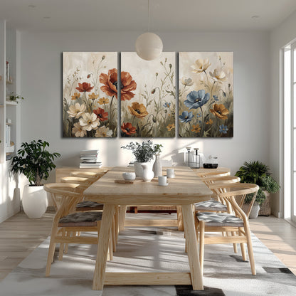 Rust red, pale blue and ivory flowers with delicate meadow stems 3 piece canvas wall art room and product view