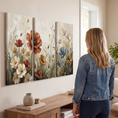 Rust red, pale blue and ivory flowers with delicate meadow stems 3 piece canvas wall art three panel arrangement on a wall