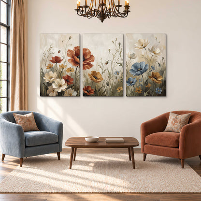 Rust red, pale blue and ivory flowers with delicate meadow stems 3 piece canvas wall art styled in an interior