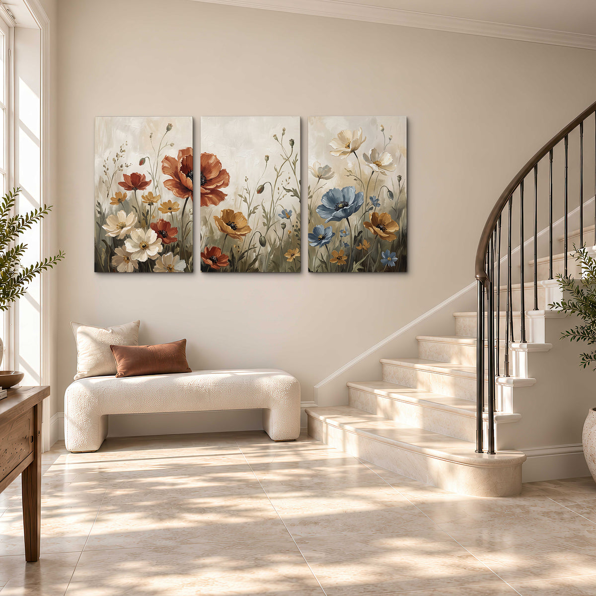 Rust red, pale blue and ivory flowers with delicate meadow stems 3 piece canvas wall art styled in an interior