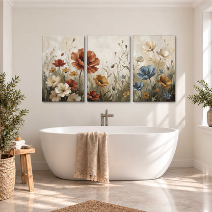 Rust red, pale blue and ivory flowers with delicate meadow stems 3 piece canvas wall art styled in an interior