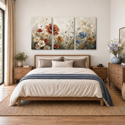 Rust red, pale blue and ivory flowers with delicate meadow stems 3 piece canvas wall art styled in an interior