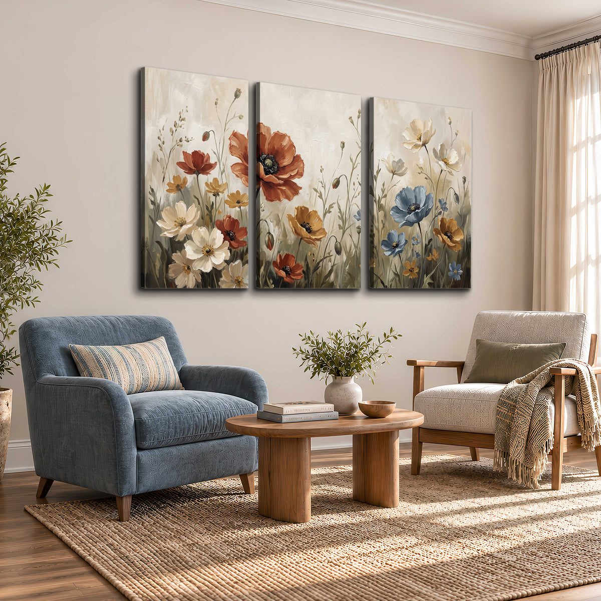 Rust red, pale blue and ivory flowers with delicate meadow stems 3 piece canvas wall art styled in an interior