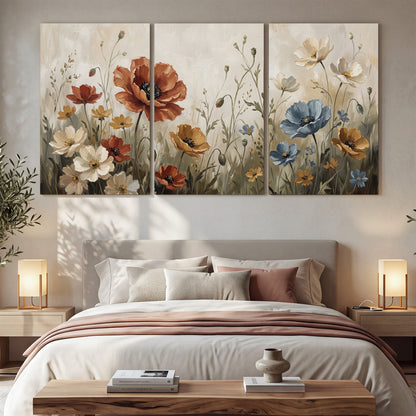Rust red, pale blue and ivory flowers with delicate meadow stems 3 piece canvas wall art displayed in a bedroom
