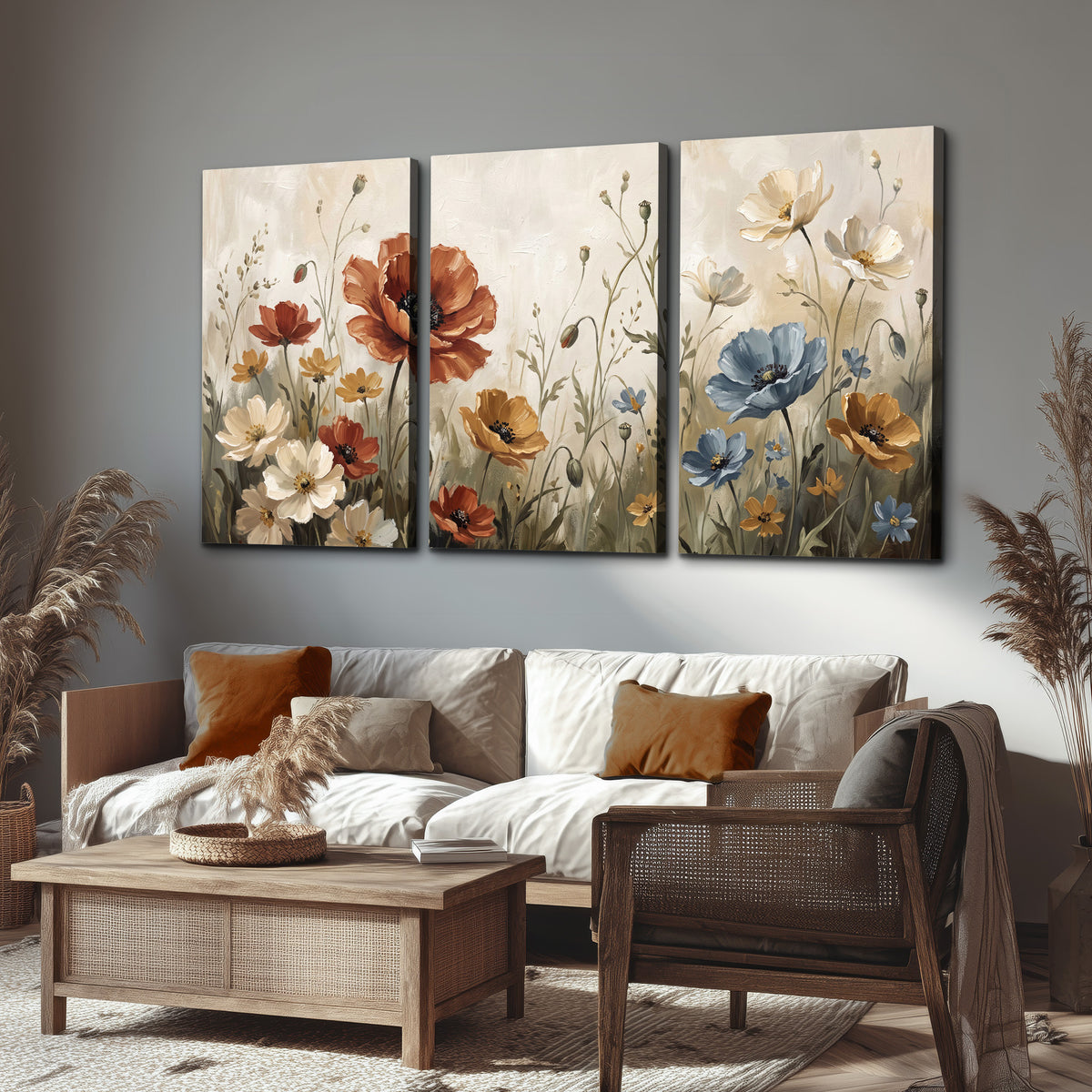 Rust red, pale blue and ivory flowers with delicate meadow stems 3 piece canvas wall art displayed in a rustic living room