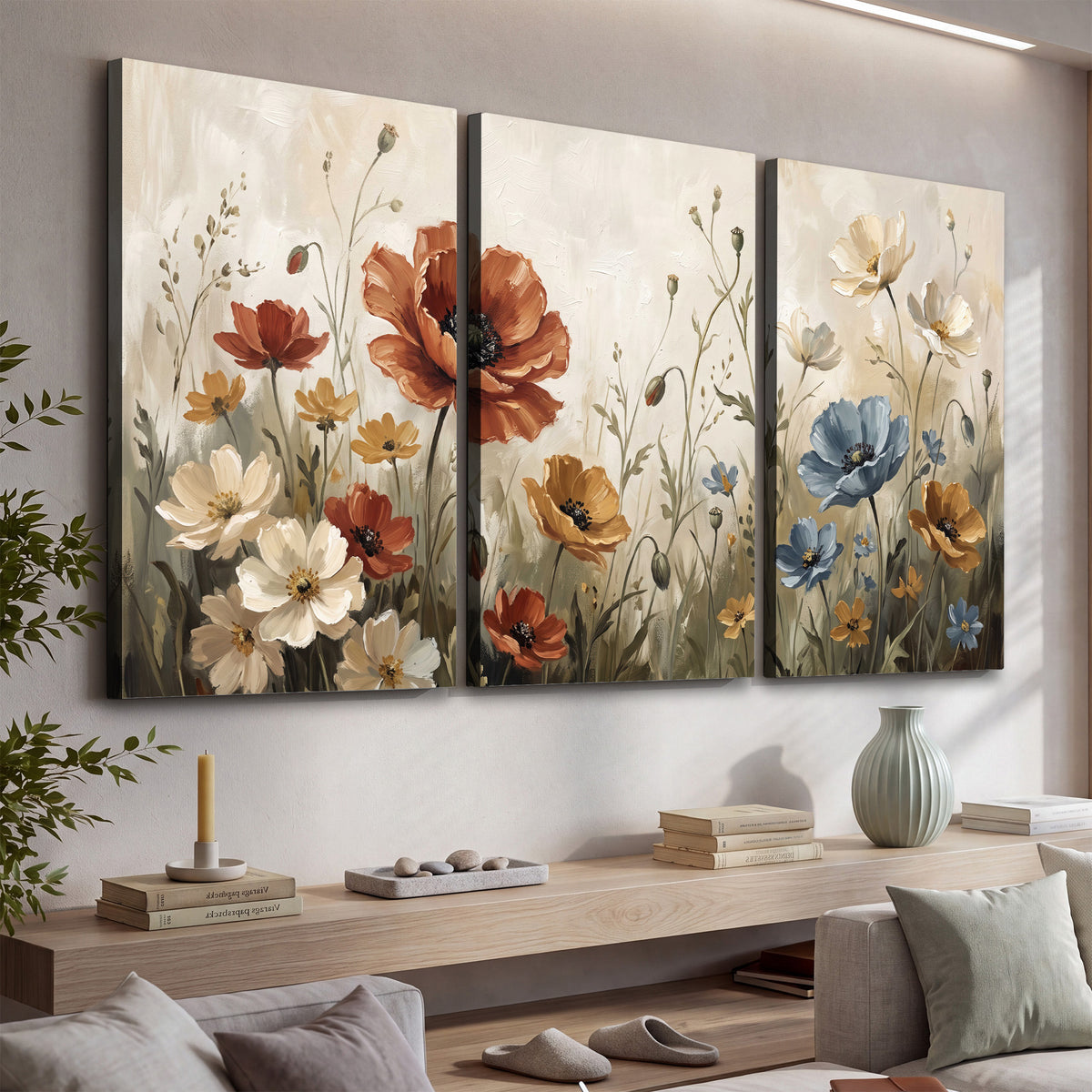 Rust red, pale blue and ivory flowers with delicate meadow stems 3 piece canvas wall art displayed in a console