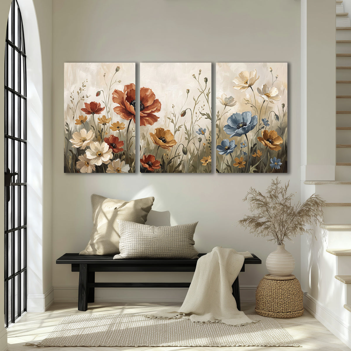 Rust red, pale blue and ivory flowers with delicate meadow stems 3 piece canvas wall art displayed in a entryway