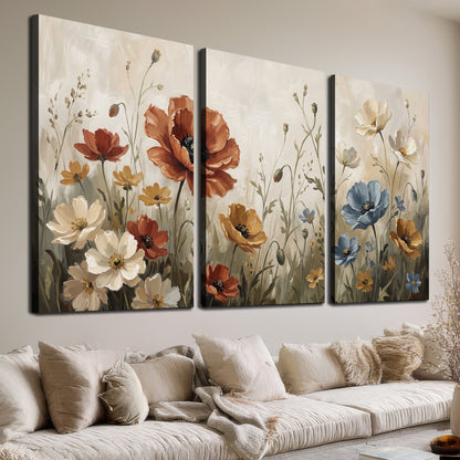 Rust red, pale blue and ivory flowers with delicate meadow stems 3 piece canvas wall art room and product view