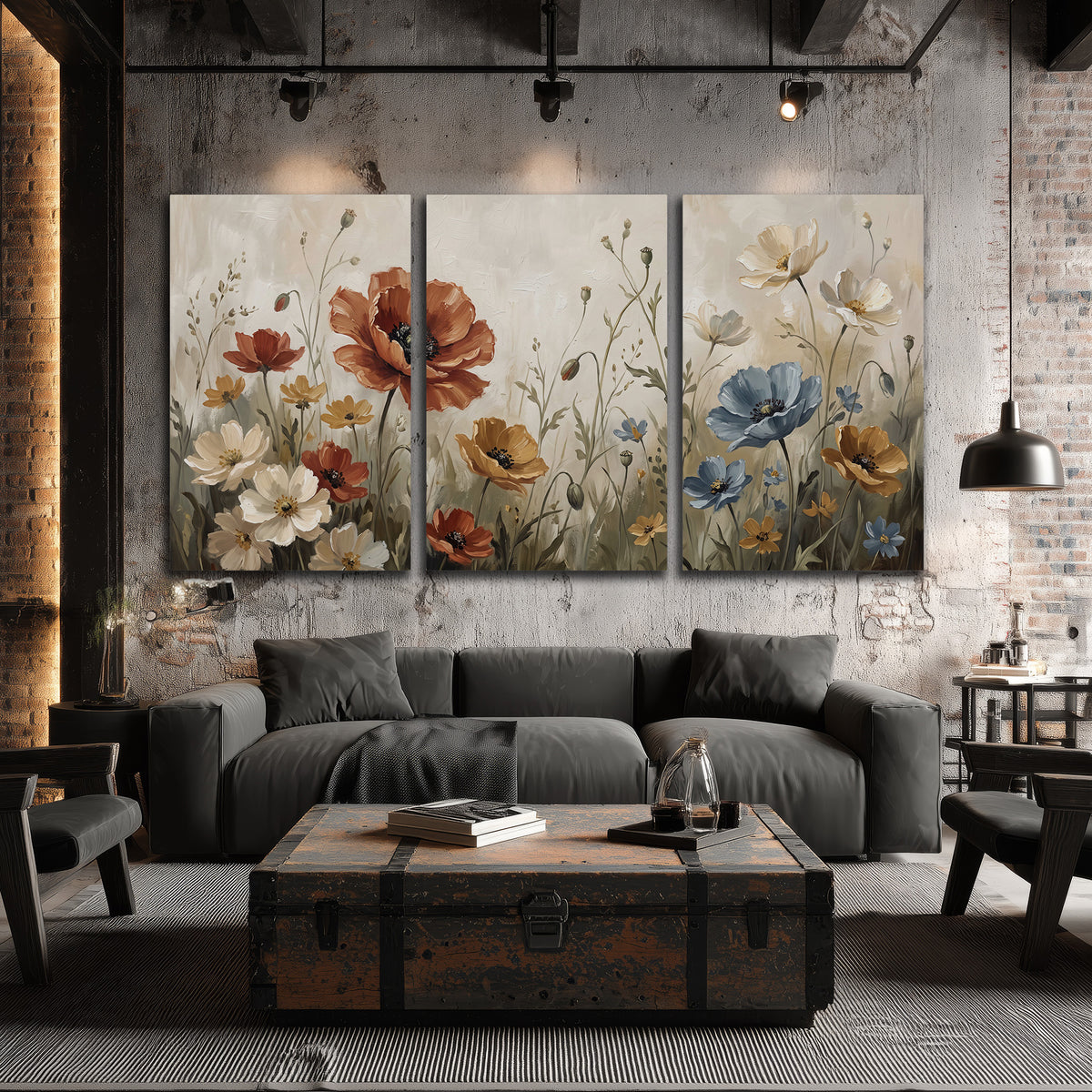 Rust red, pale blue and ivory flowers with delicate meadow stems 3 piece canvas wall art displayed in a industrial room