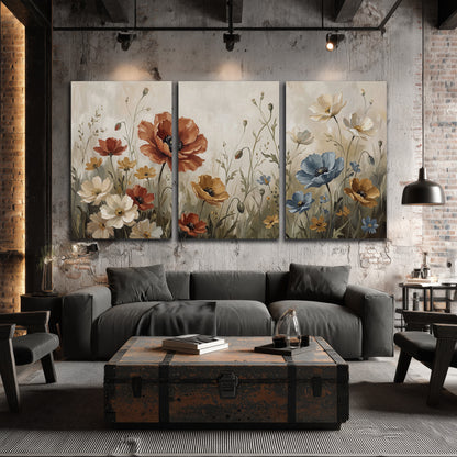 Rust red, pale blue and ivory flowers with delicate meadow stems 3 piece canvas wall art displayed in a industrial room