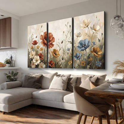 Rust red, pale blue and ivory flowers with delicate meadow stems 3 piece canvas wall art room and product view