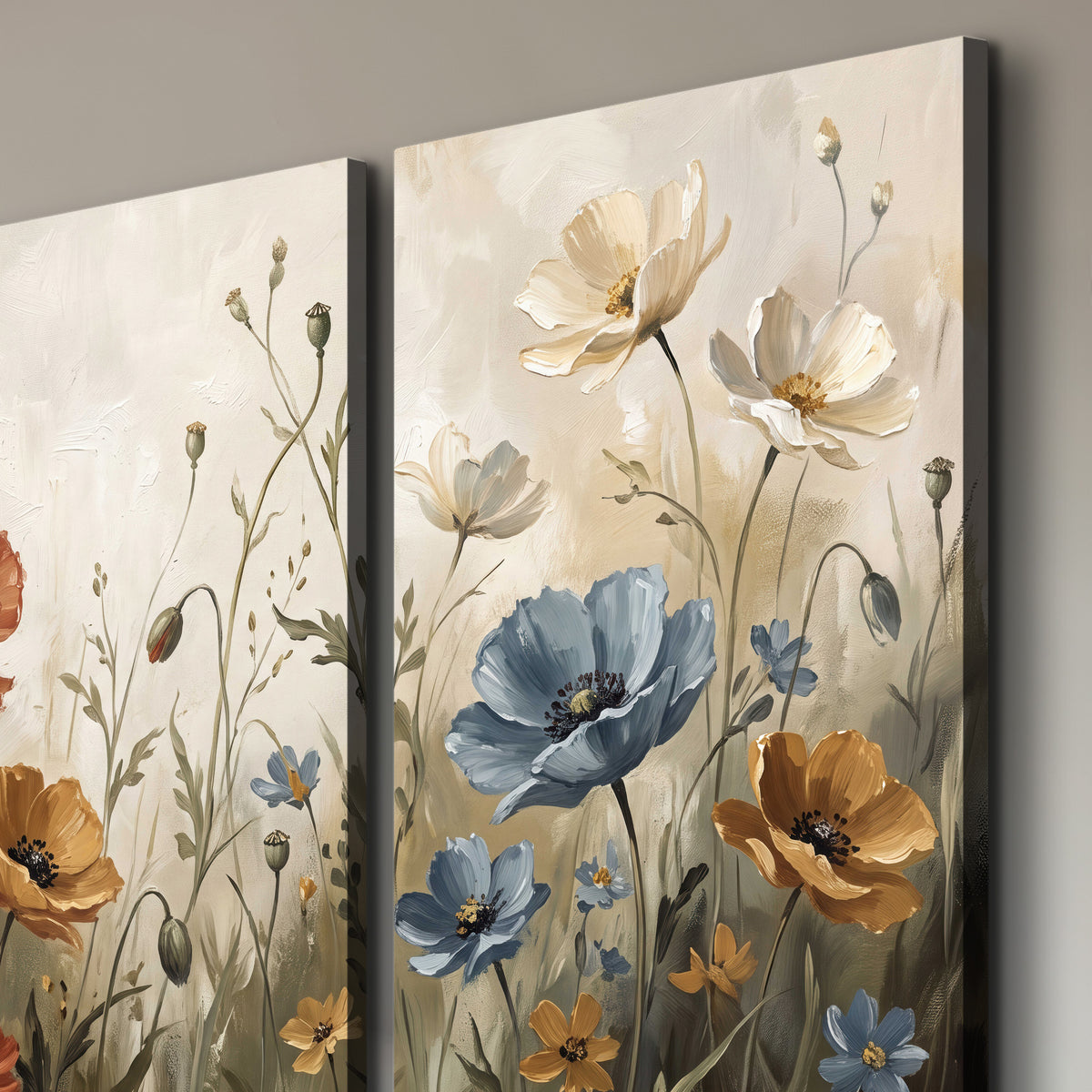 Rust red, pale blue and ivory flowers with delicate meadow stems 3 piece canvas wall art room and product view