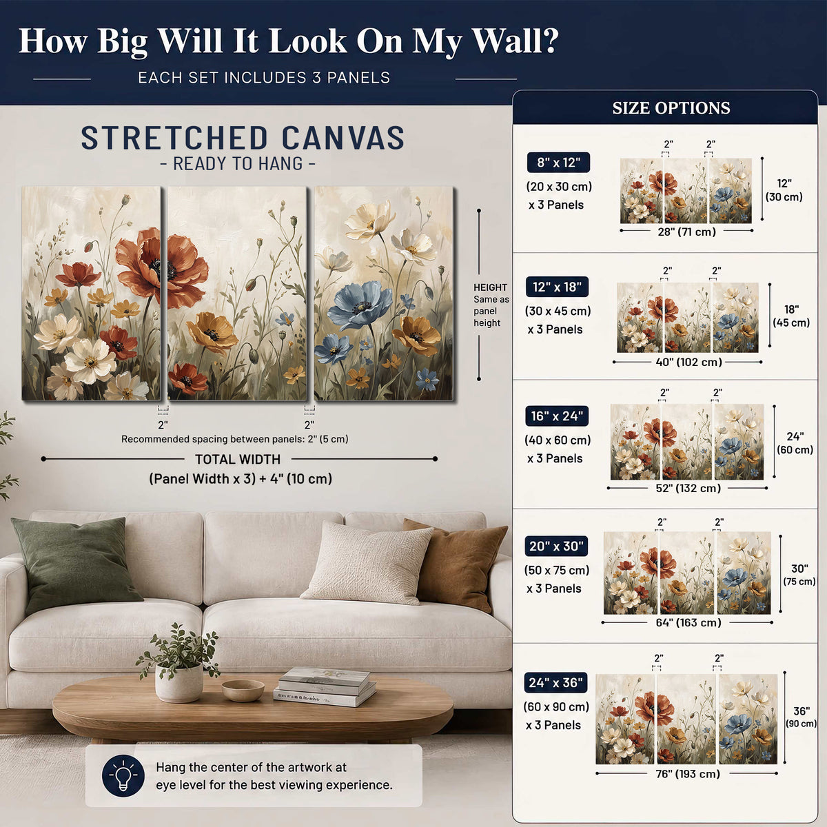 Rust red, pale blue and ivory flowers with delicate meadow stems 3 piece canvas wall art size guide above a sofa; room view is illustrative