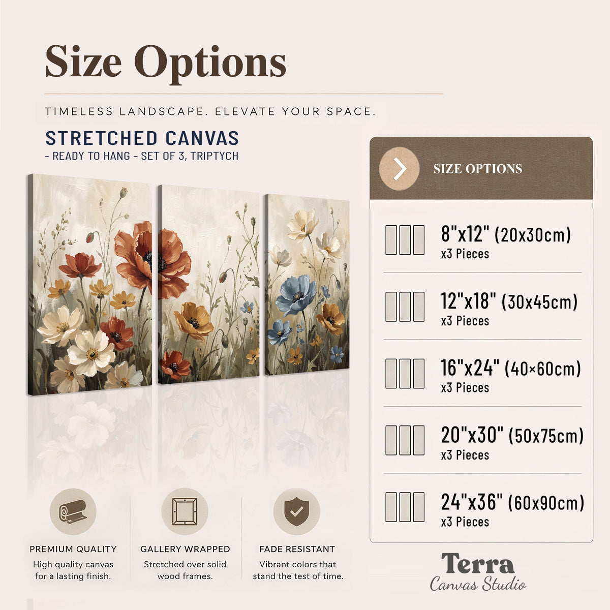 Rust red, pale blue and ivory flowers with delicate meadow stems 3 piece canvas wall art available dimensions; triptych dimensions are per panel