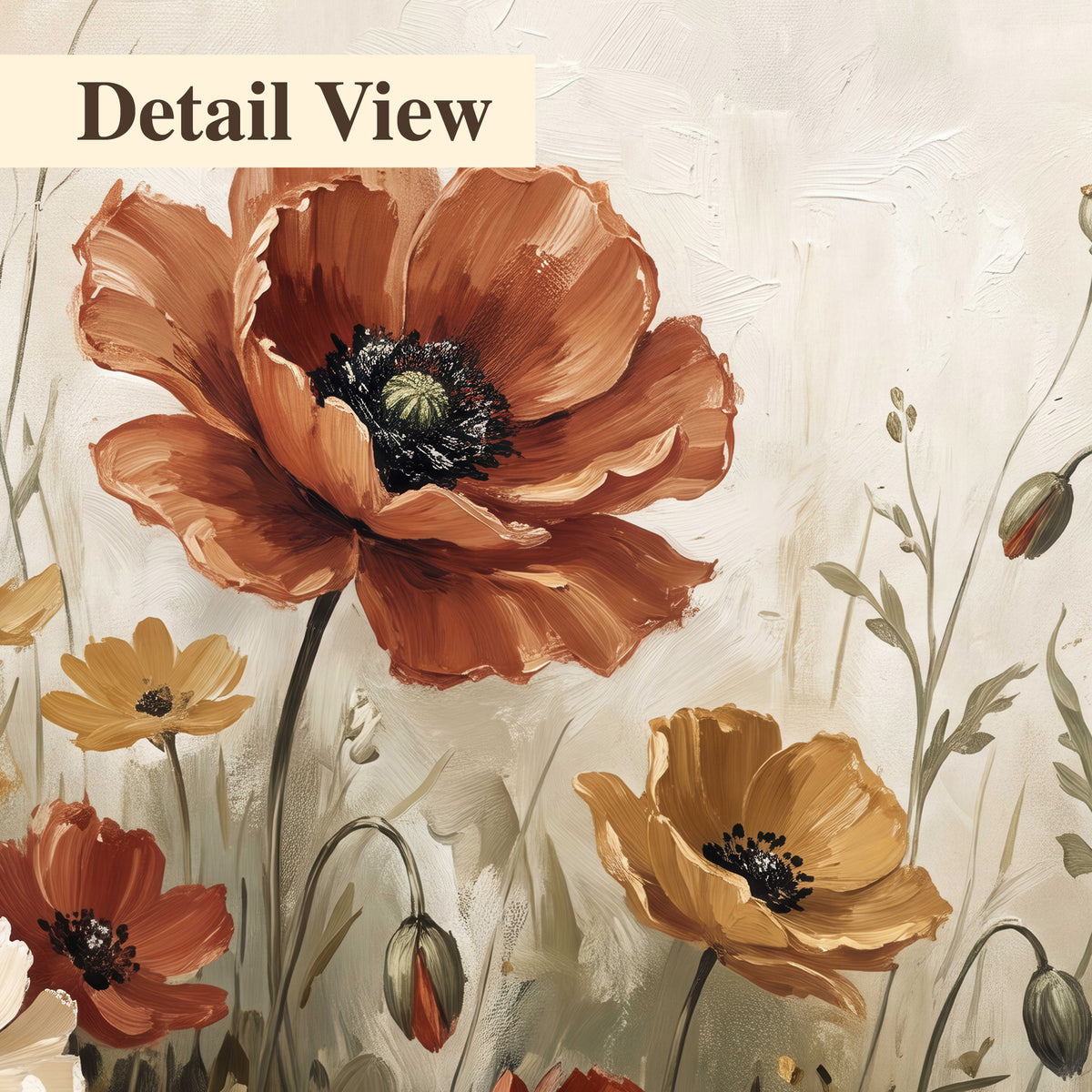 Rust red, pale blue and ivory flowers with delicate meadow stems 3 piece canvas wall art artwork detail close up