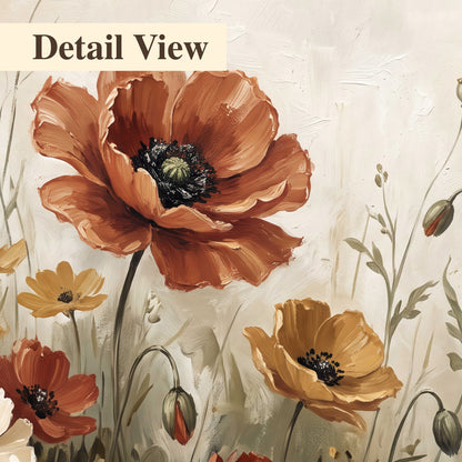 Rust red, pale blue and ivory flowers with delicate meadow stems 3 piece canvas wall art artwork detail close up