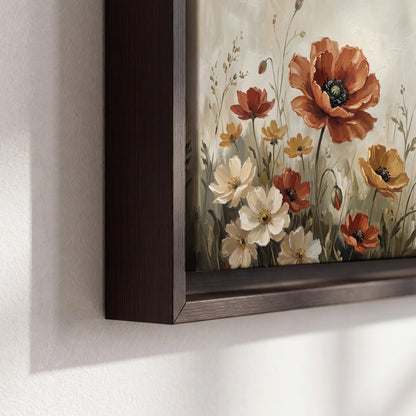 Rust red, pale blue and ivory flowers with delicate meadow stems 3 piece framed canvas wall art material and edge close up