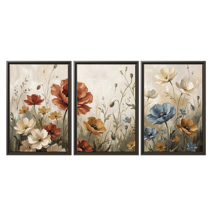Rust red, pale blue and ivory flowers with delicate meadow stems 3 piece framed canvas wall art viewed straight on