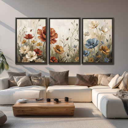 Rust red, pale blue and ivory flowers with delicate meadow stems 3 piece framed canvas wall art displayed in a living room