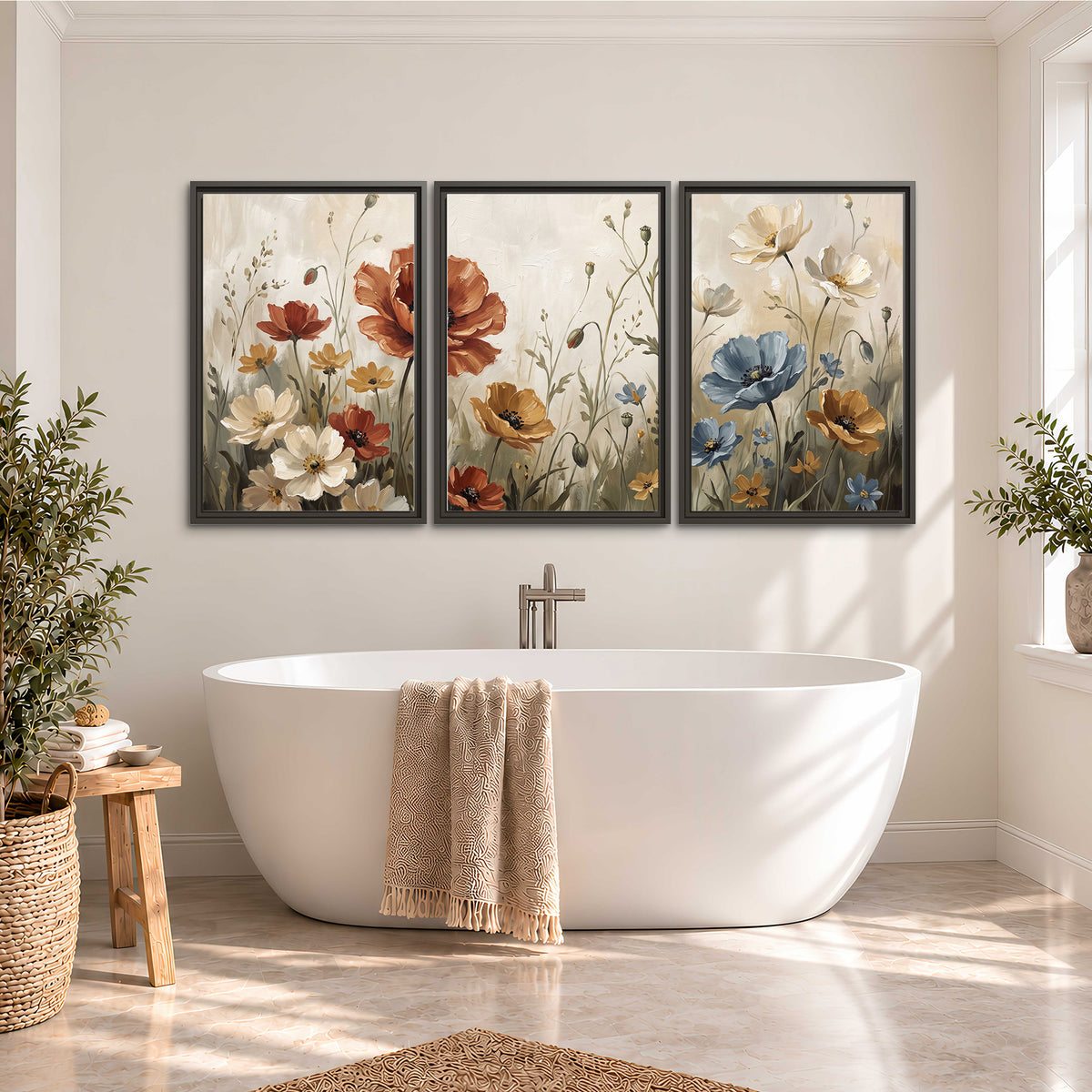 Rust red, pale blue and ivory flowers with delicate meadow stems 3 piece framed canvas wall art styled in an interior