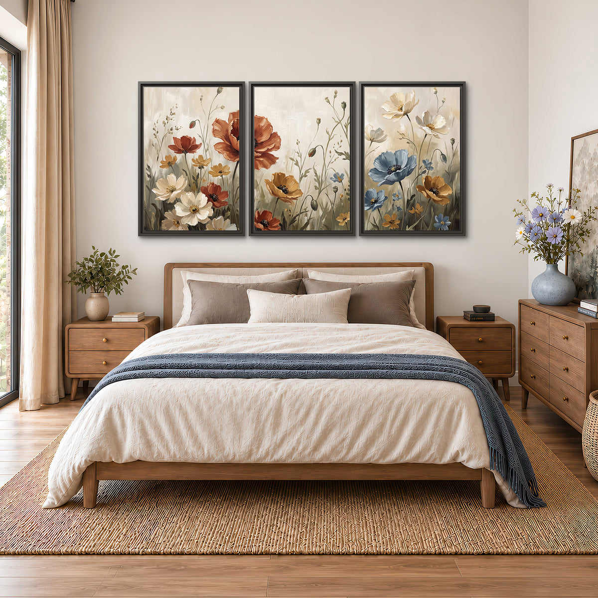 Rust red, pale blue and ivory flowers with delicate meadow stems 3 piece framed canvas wall art styled in an interior