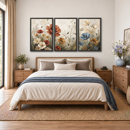 Rust red, pale blue and ivory flowers with delicate meadow stems 3 piece framed canvas wall art styled in an interior