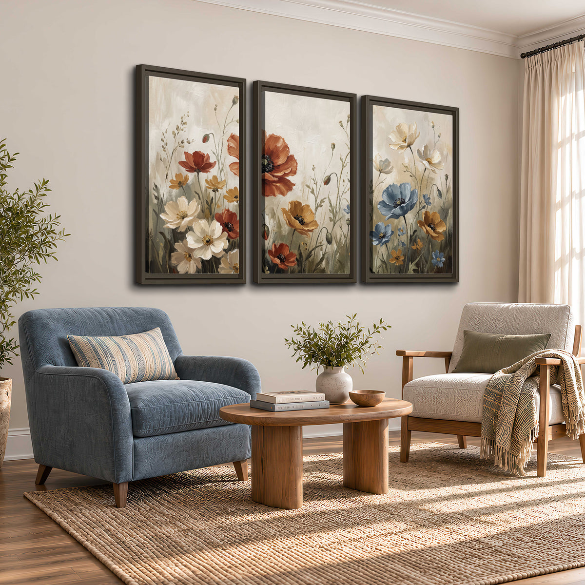 Rust red, pale blue and ivory flowers with delicate meadow stems 3 piece framed canvas wall art styled in an interior
