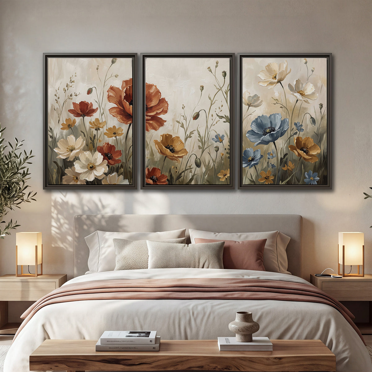 Rust red, pale blue and ivory flowers with delicate meadow stems 3 piece framed canvas wall art displayed in a bedroom