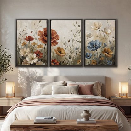 Rust red, pale blue and ivory flowers with delicate meadow stems 3 piece framed canvas wall art displayed in a bedroom