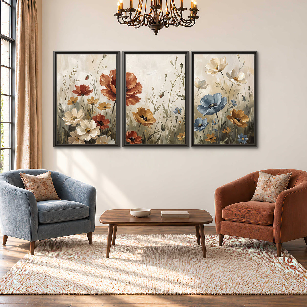 Rust red, pale blue and ivory flowers with delicate meadow stems 3 piece framed canvas wall art styled in an interior