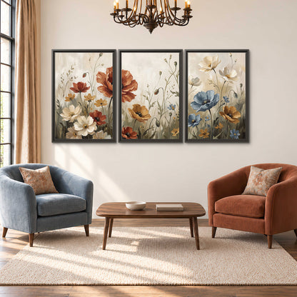 Rust red, pale blue and ivory flowers with delicate meadow stems 3 piece framed canvas wall art styled in an interior