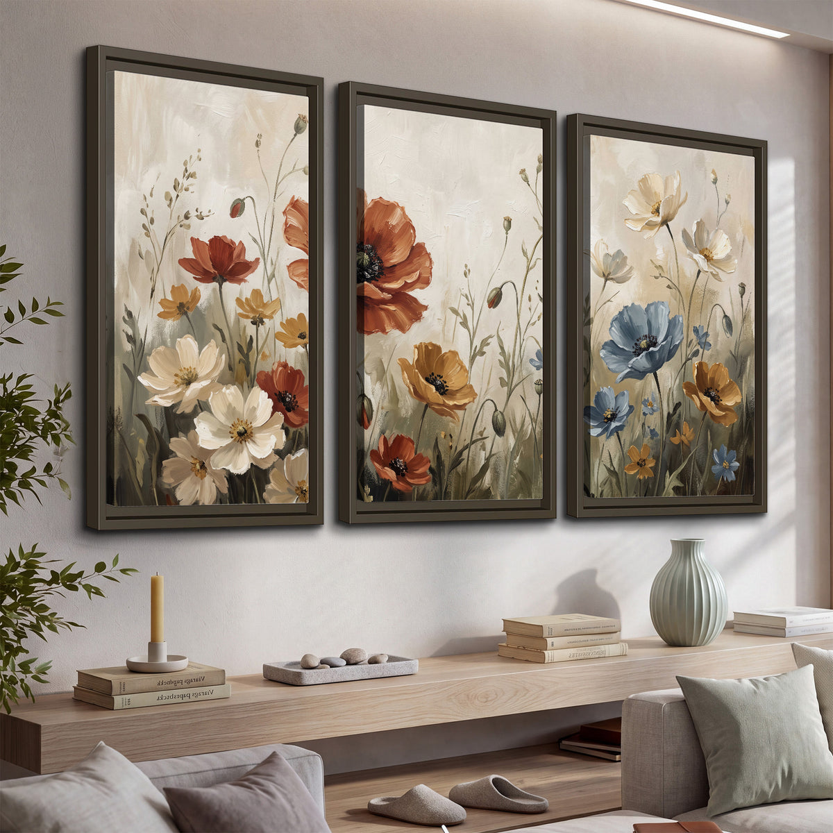 Rust red, pale blue and ivory flowers with delicate meadow stems 3 piece framed canvas wall art displayed in a console