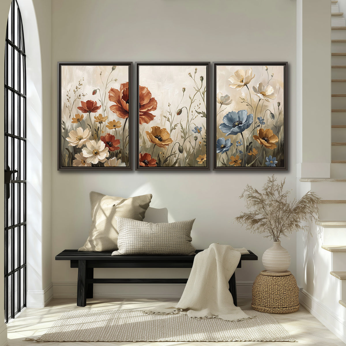 Rust red, pale blue and ivory flowers with delicate meadow stems 3 piece framed canvas wall art displayed in a entryway