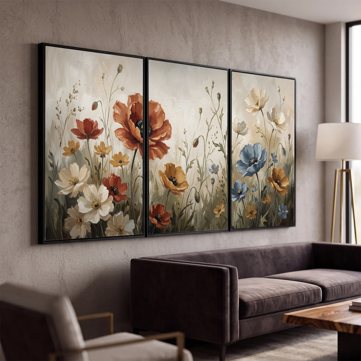 Rust red, pale blue and ivory flowers with delicate meadow stems 3 piece framed canvas wall art displayed in a modern living room