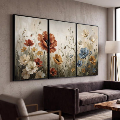 Rust red, pale blue and ivory flowers with delicate meadow stems 3 piece framed canvas wall art displayed in a modern living room