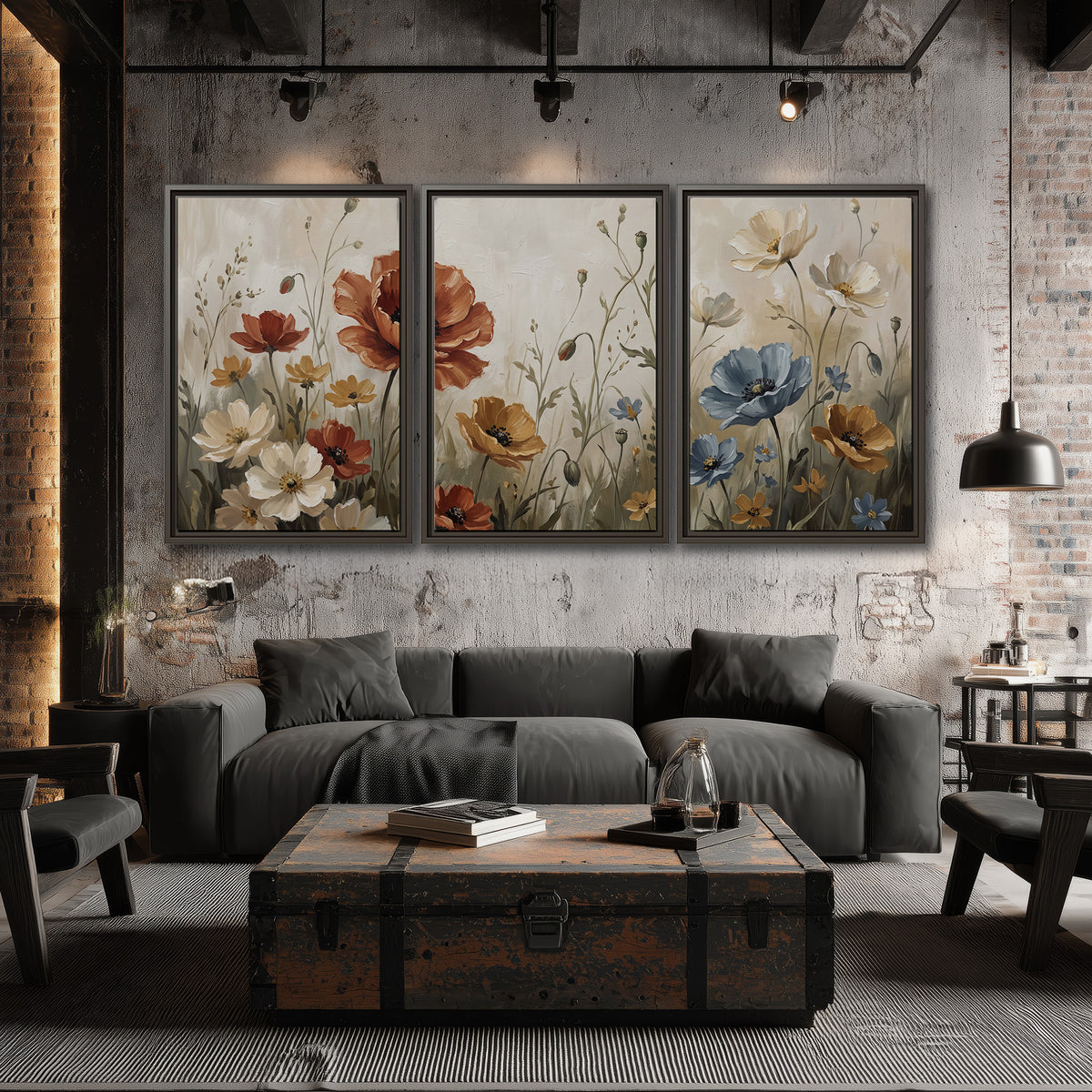 Rust red, pale blue and ivory flowers with delicate meadow stems 3 piece framed canvas wall art displayed in a industrial room